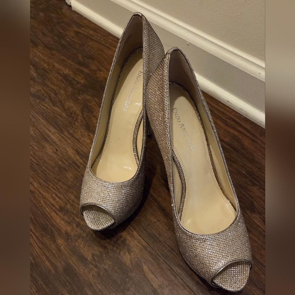 Enzo Angiolino Sparkling Silver Peep-Toe Heels
